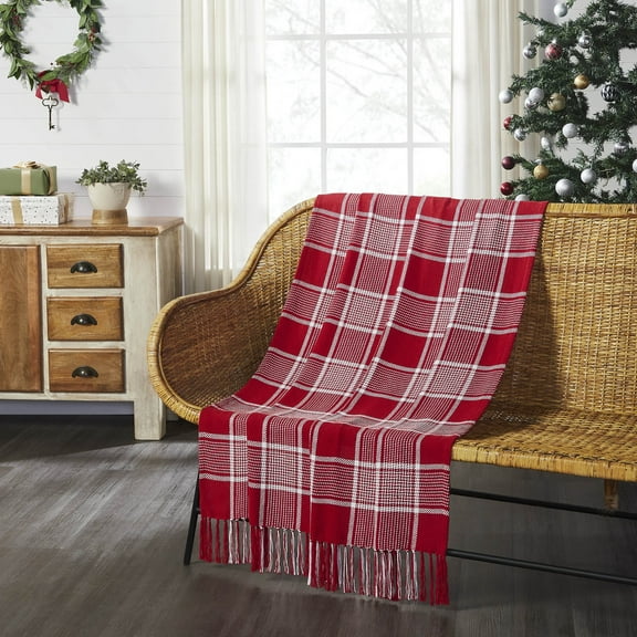 VHC Brands Christmas Decorations for Living Room Couch Sofa Bedding Eston Red White Plaid Woven Throw 50x60