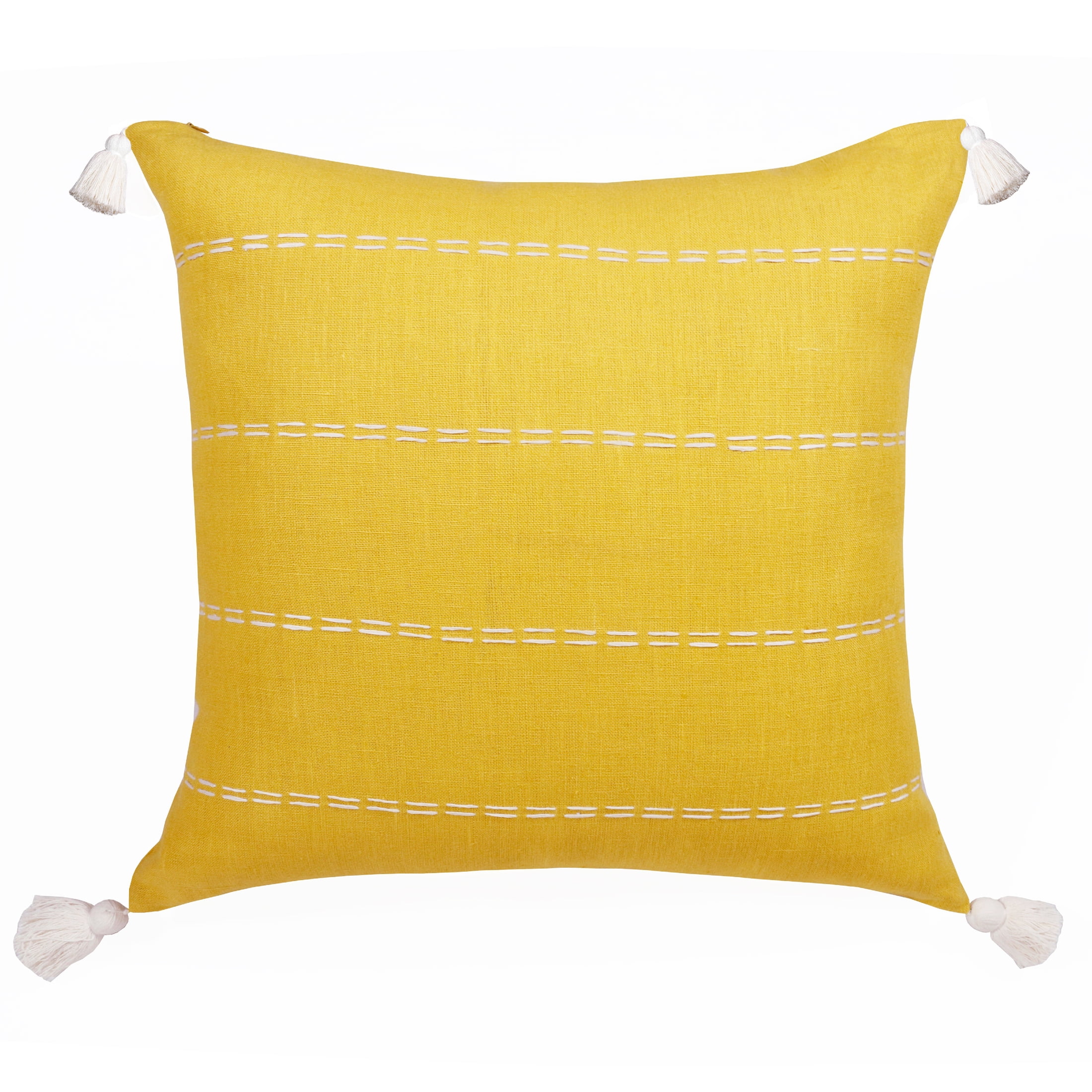 Mustard Hand-Woven Linen Throw Pillow with Embroidered Stripes, 20" x 20"