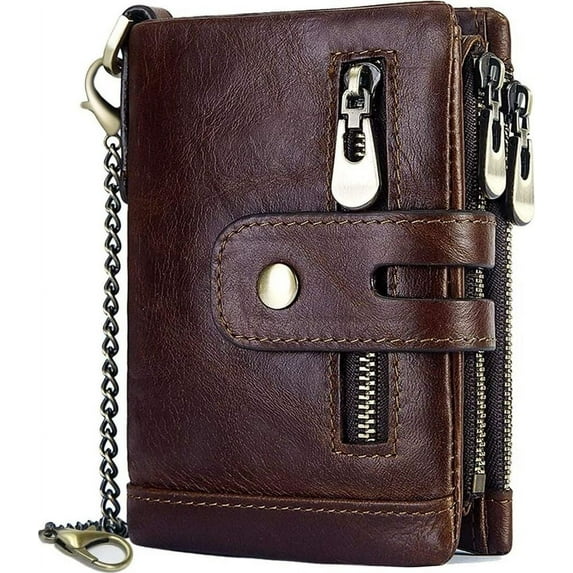 Estrela Men's Wallet RFID Protection Men's Leather Wallet with Chain Double Fold Men's Wallet with Coin Compartment Zip Wallet 16 Card Slots Wallet Wallet (Coffee)