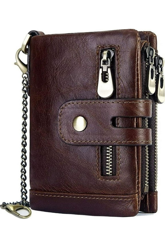 Estrela Men's Wallet RFID Protection Men's Leather Wallet with Chain Double Fold Men's Wallet with Coin Compartment Zip Wallet 16 Card Slots Wallet Wallet (Coffee)