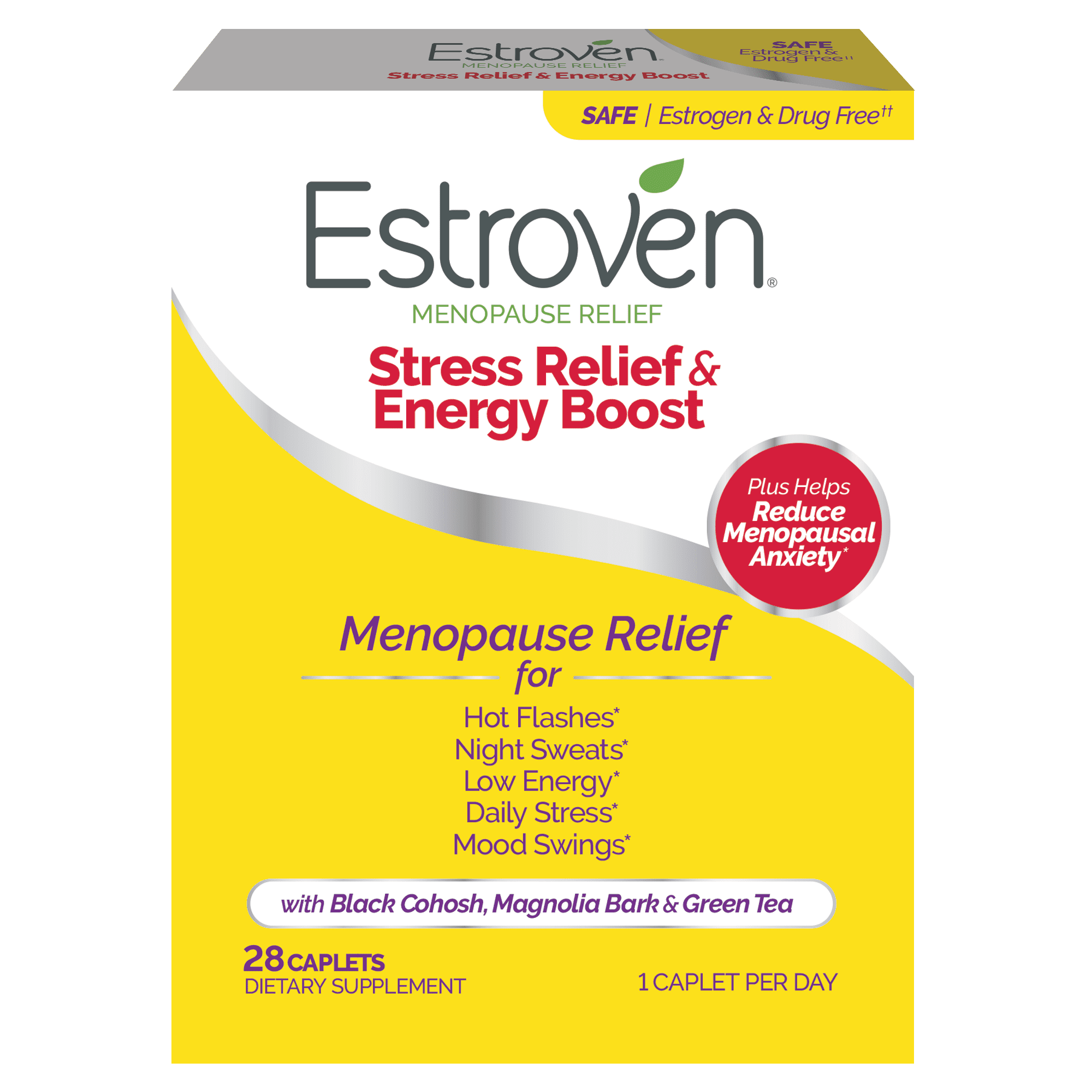 Estroven Menopause Stress Relief & Energy Boost, with Black Cohosh, 28 Caplets, New