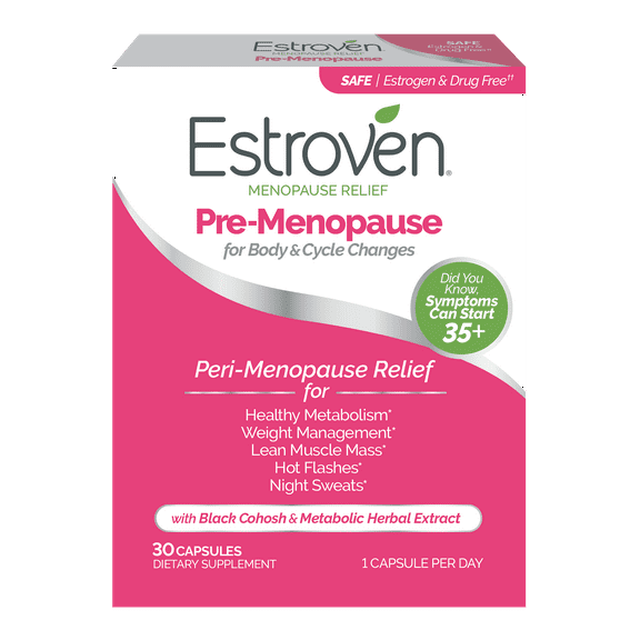 Estroven Menopause Relief Pre-Menopause Daily Supplement, Support for Hot Flashes, Night Sweats, & Weight Management, 30 Count