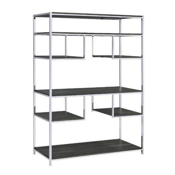 Etagere Bookshelf with 7 Shelves and Geometric PatternSilver and Dark Gray - Saltoro Sherpi