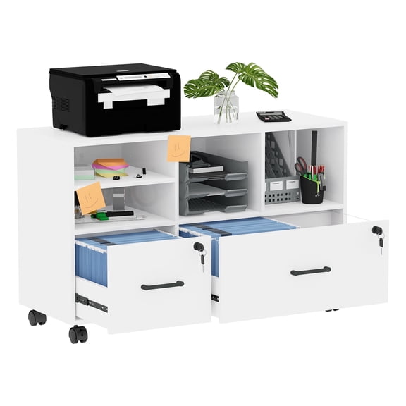 Etase File Cabinets 2 Drawer Fits Files Letter/Legal/F4/A4 Size, Lockable Lateral Filing Cabinet Printer Stand with Lockable Wheels & Adjustable Shelf, Office Storage Cabinet White