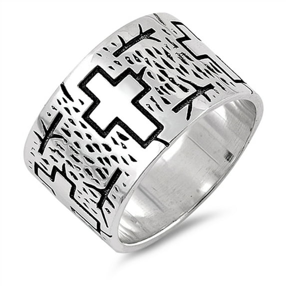 Etched Cross Rain Branch Wide Wedding Ring .925 Sterling Silver Band Jewelry Female Male Size 7