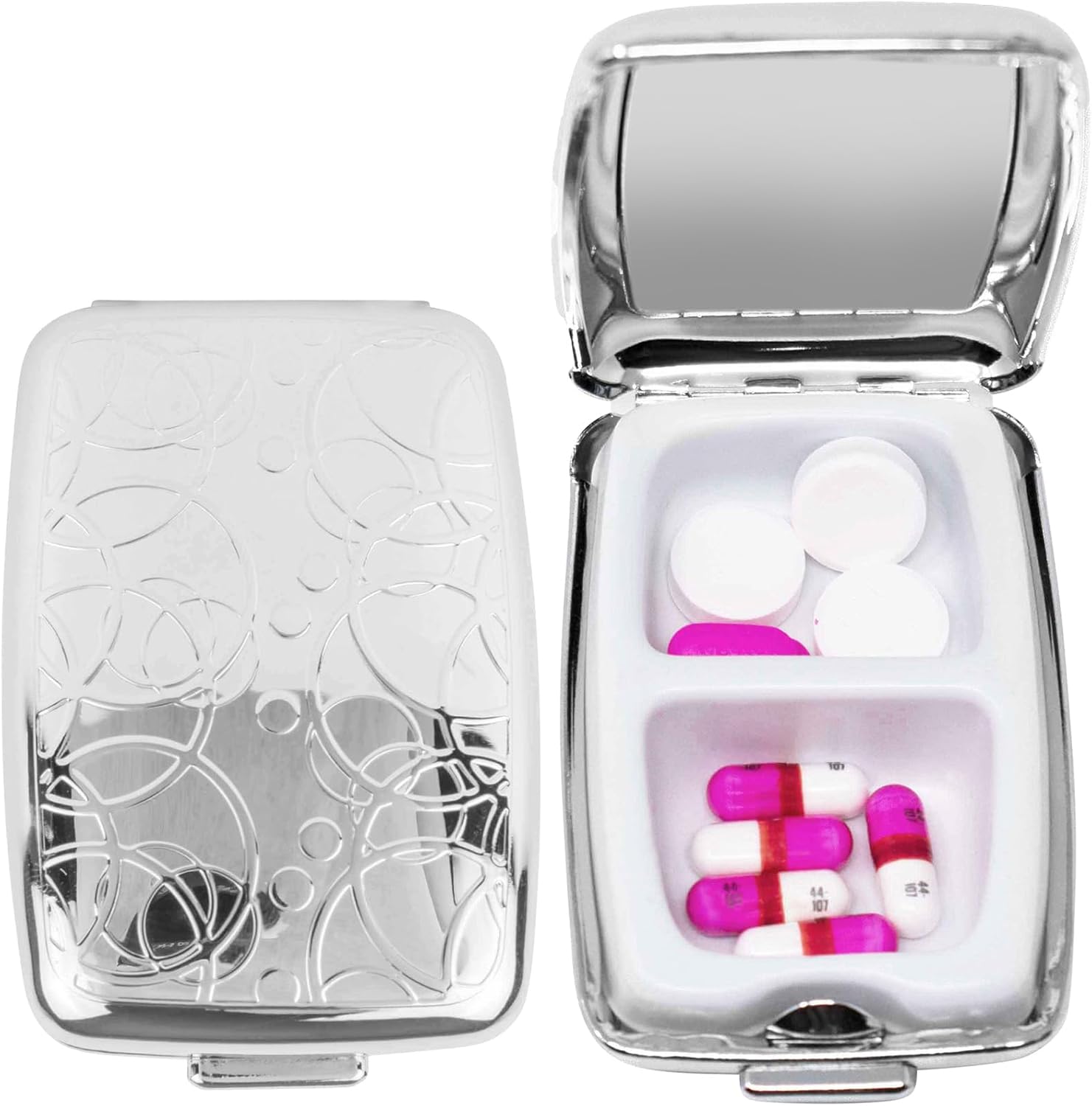 Set of 2 Etched Rectangular Pocket Purse Pill Box & Organizer With Dual Compartments (Rings)
