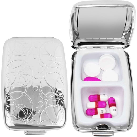 Set of 2 Etched Rectangular Pocket Purse Pill Box & Organizer With Dual Compartments (Rings)