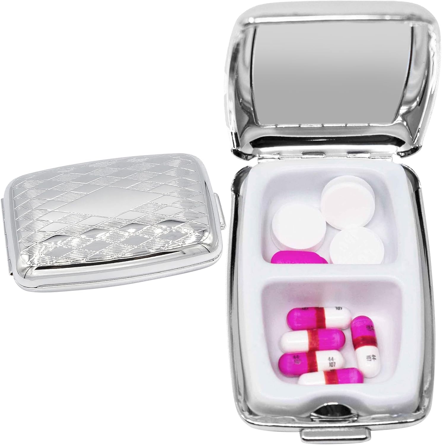 Set of 2 Etched Rectangular Pocket Purse Pill Box & Organizer With Dual Compartments (Diamond Pattern)
