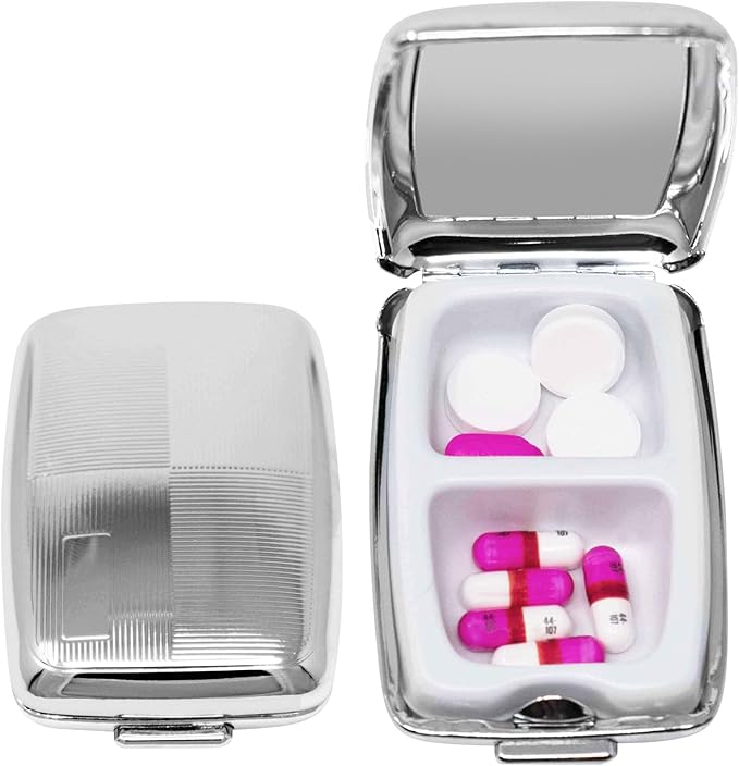 Set of 2 Etched Rectangular Pocket Purse Pill Box & Organizer With Dual Compartments (Four Square - Engraveable)