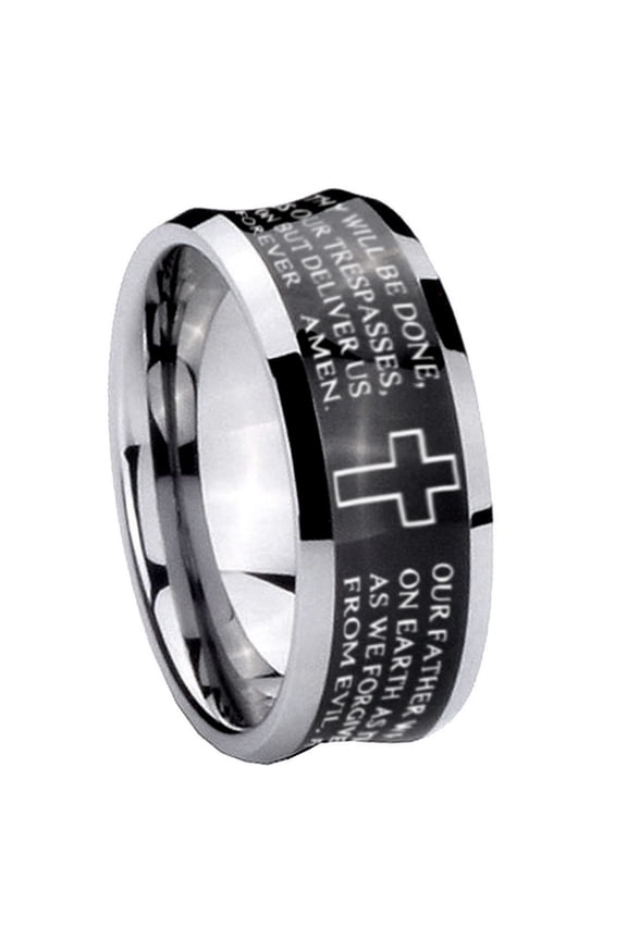 Etched Lord's Prayer Cross 8MM Concave Black Tungsten Men Ring