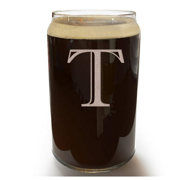 Etched Monogram 16oz Can Glass for Soda or Beer (Letter T), A-Z Personalized gifts for men, Customized coffee glasses, Custom Initial, Birthday gift for Men Her Brother Husband Cup with T
