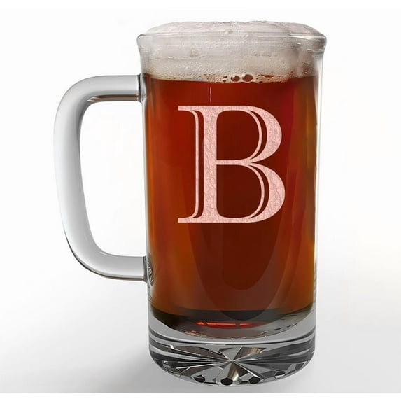Etched Monogram 16oz Glass Beer Mug (Letter B), A-Z Customized Beer Gifts for Men, Personalized Beer Glasses, Custom Engraved Birthday Gifts for Him, Initial, Name, Husband Dad, Regalos Personalizados