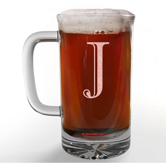 Etched Monogram 16oz Glass Beer Mug (Letter J), A-Z Customized Beer Gifts for Men, Personalized Beer Glasses, Custom Engraved Birthday Gifts for Him, Initial, Name, Husband Dad, Regalos Personalizados