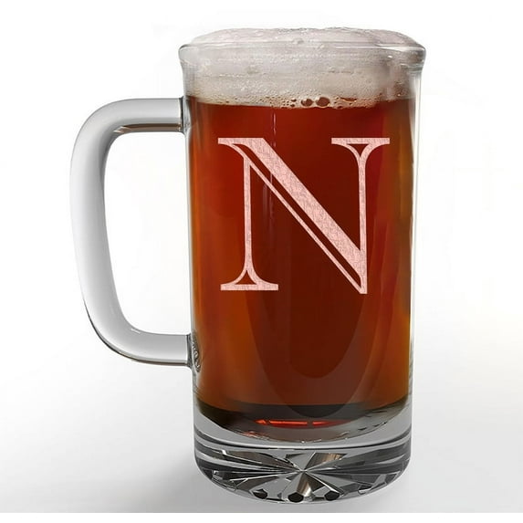 Etched Monogram 16oz Glass Beer Mug (Letter N), A-Z Customized Beer Gifts for Men, Personalized Beer Glasses, Custom Engraved Birthday Gifts for Him, Initial, Name, Husband Dad, Regalos Personalizados