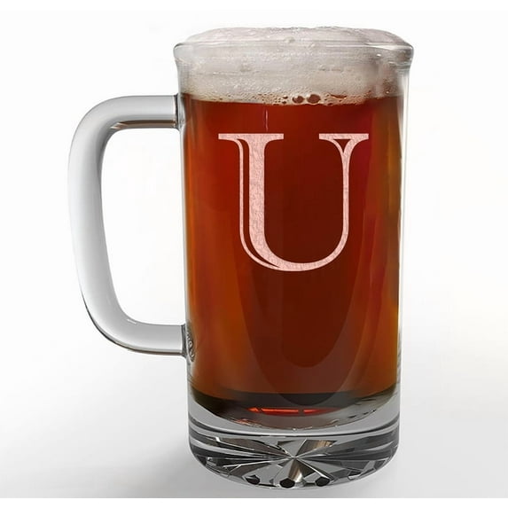 Etched Monogram 16oz Glass Beer Mug (Letter U), A-Z Customized Beer Gifts for Men, Personalized Beer Glasses, Custom Engraved Birthday Gifts for Him, Initial, Name, Husband Dad, Regalos Personalizados