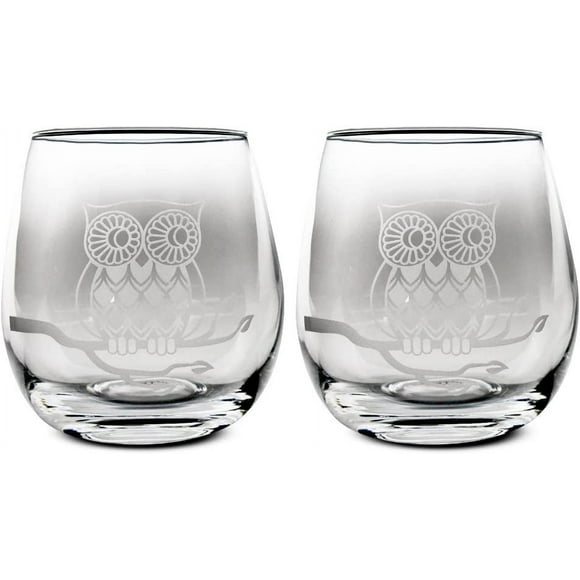 Etched Owl  Wine Glasses, Set of 2