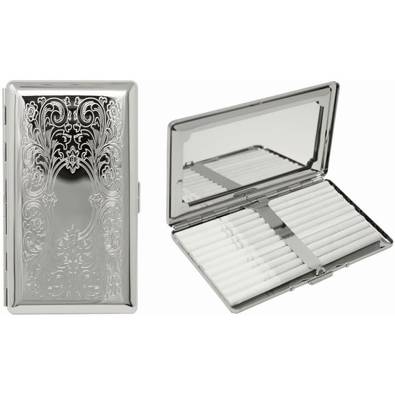 Set of 2 Metal-Plated 120s Compact Cigarette Case & Personal Mirror (Silver Victorian Scroll)