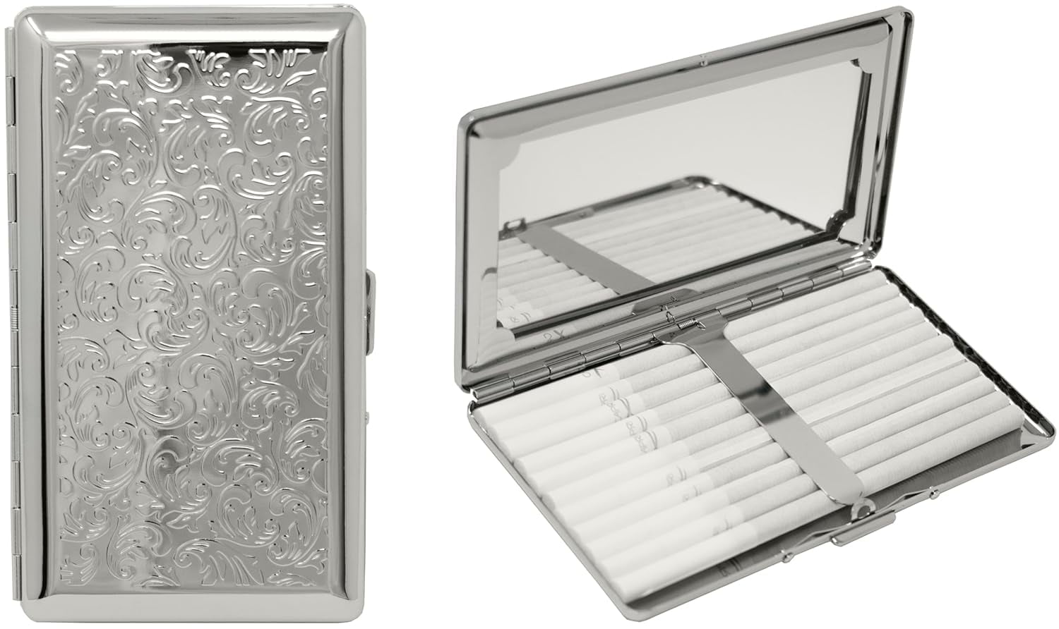 etched cigarette case Set of 2 Metal-Plated 120s Compact Cigarette Case & Personal Mirror (Silver  Victorian Print)