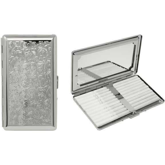 Set of 2 Metal-Plated 120s Compact Cigarette Case & Personal Mirror (Silver Victorian Print)