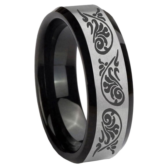 Etched Tribal Pattern 8MM Beveled Edge Gray And Black Tungsten Men Ring