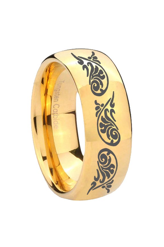 Etched Tribal Pattern Dome Gold Plated Tungsten Men Ring 10MM