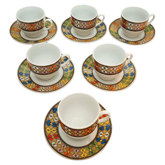 Etege Ethiopia- 12 PCS Tebeb Pattern Ethiopian & Eritrean Traditional Coffee Cups set of 6 cups 3oz and 6 Saucers