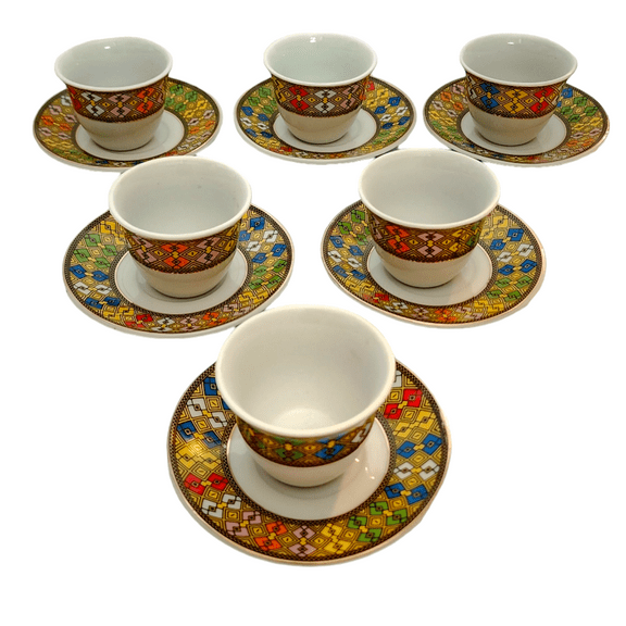 Etege Ethiopia- 12 Pcs Tibeb Pattern Ethiopian & Eritrean Traditional Coffee Cups set of 6 cups 3oz and 6 saucers