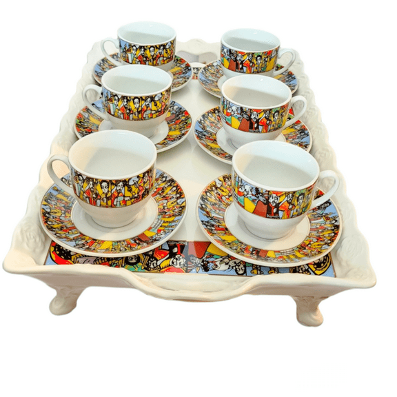 Etege Ethiopia- 13 Pcs Queen of Sheba Design Ceramic Coffee Cups & Saucers Set 6 Cups, 6 Saucers, & 14' Ceramic Tray