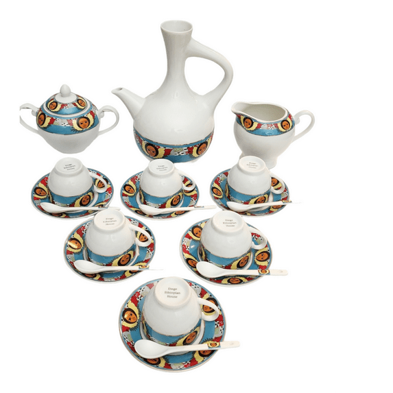 Etege Ethiopia- 23 pcs Ethiopian/Eritrean Coffee Set, Angels Design. Comes with 1 Jebena (Coffee Pot), 1 Jebena Lid, 6 Cups, 6 Saucers, 6 spoons, Milk Cup and Sugar Cup.
