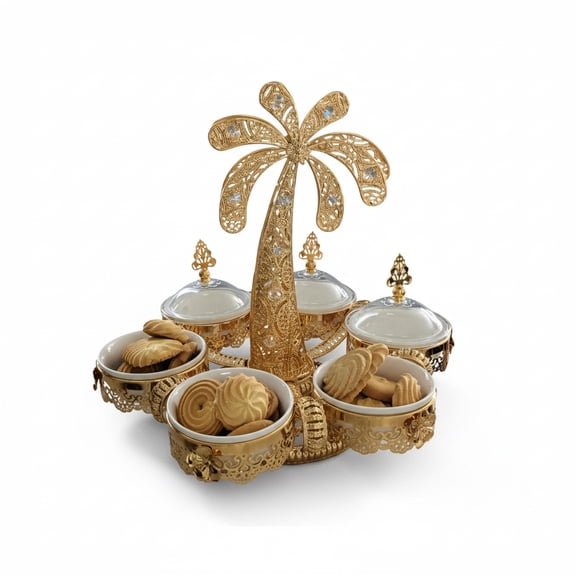 Etege Ethiopia- Gold Floral Dessert & Snack Serving Tray with 5 Covered Bowls