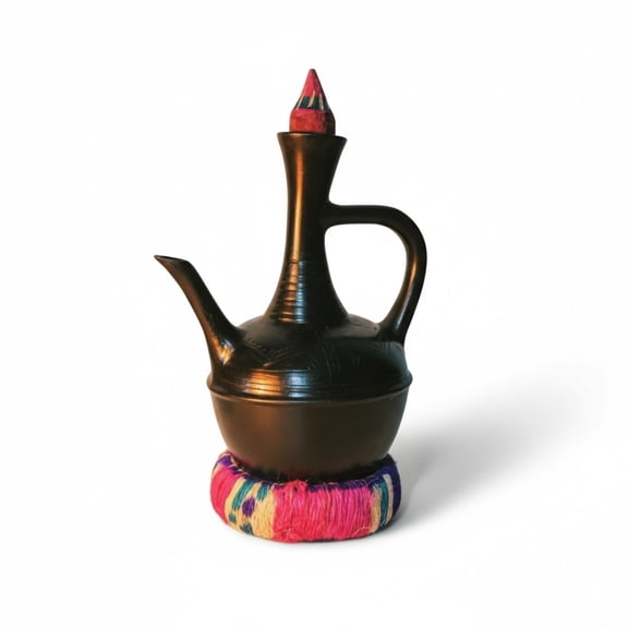 Etege Ethiopia- Mid Size Cook Top Clay Coffee Pot- Jebena የሸክላ ጀበና-  Hand Made From 100% Natural earthy Clay, Authentic Traditional Ethiopian Coffee Maker. Servs 8 (3oz Cups)