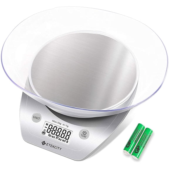 Etekcity 0.1g Food Scale with Bowl Digital Kitchen Weight Grams and Ounces for Cooking and Baking, Large Backlit Display, Silver/Stainless Steel