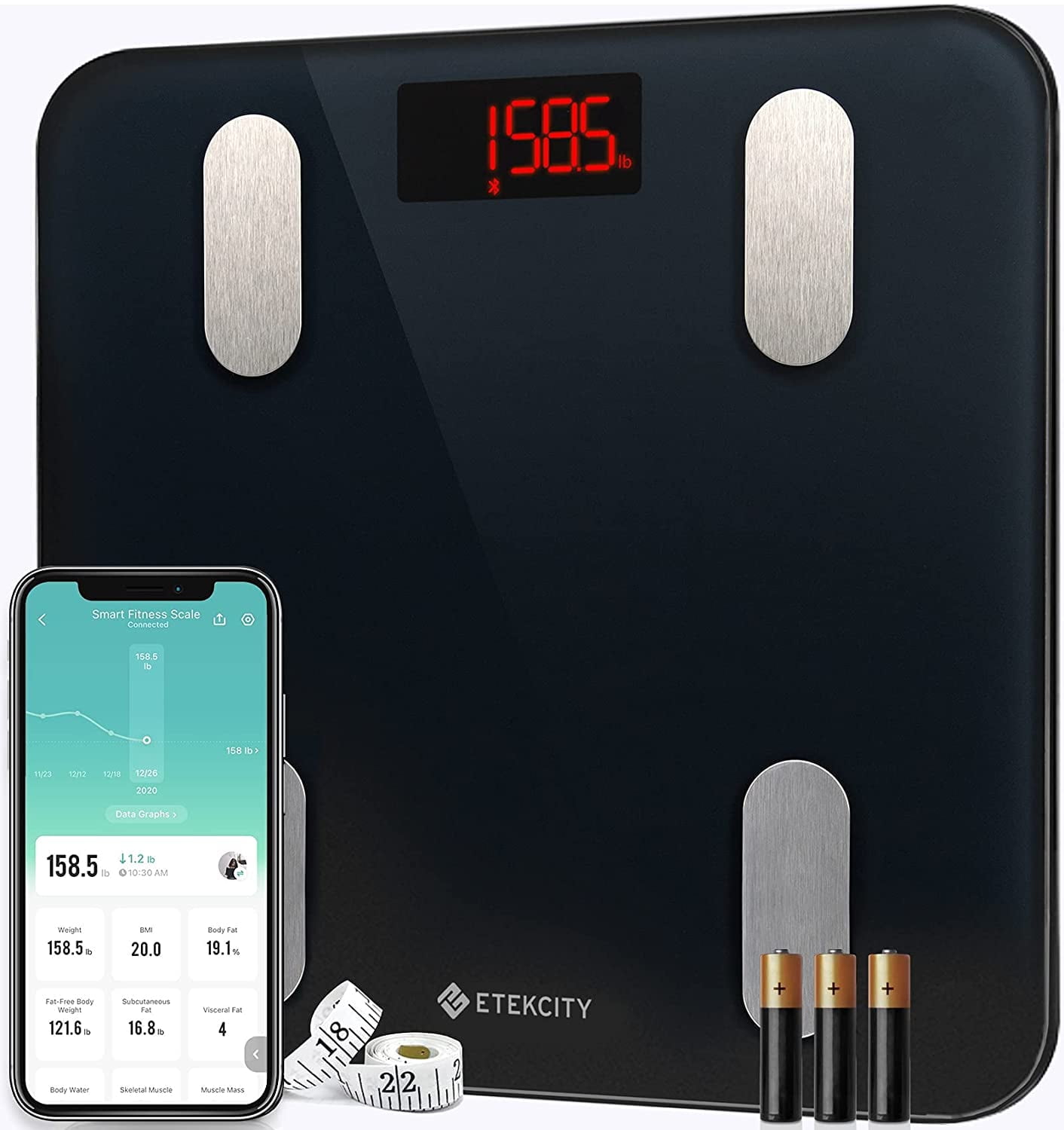 Etekcity Body Fat Scale, Digital Smart Bathroom Scale for weight body fat, BMI and Weight Loss, Sync 13 Data with Other Fitness Apps, 400 lbs Capacity, 11.8x11.8 Inch, Black