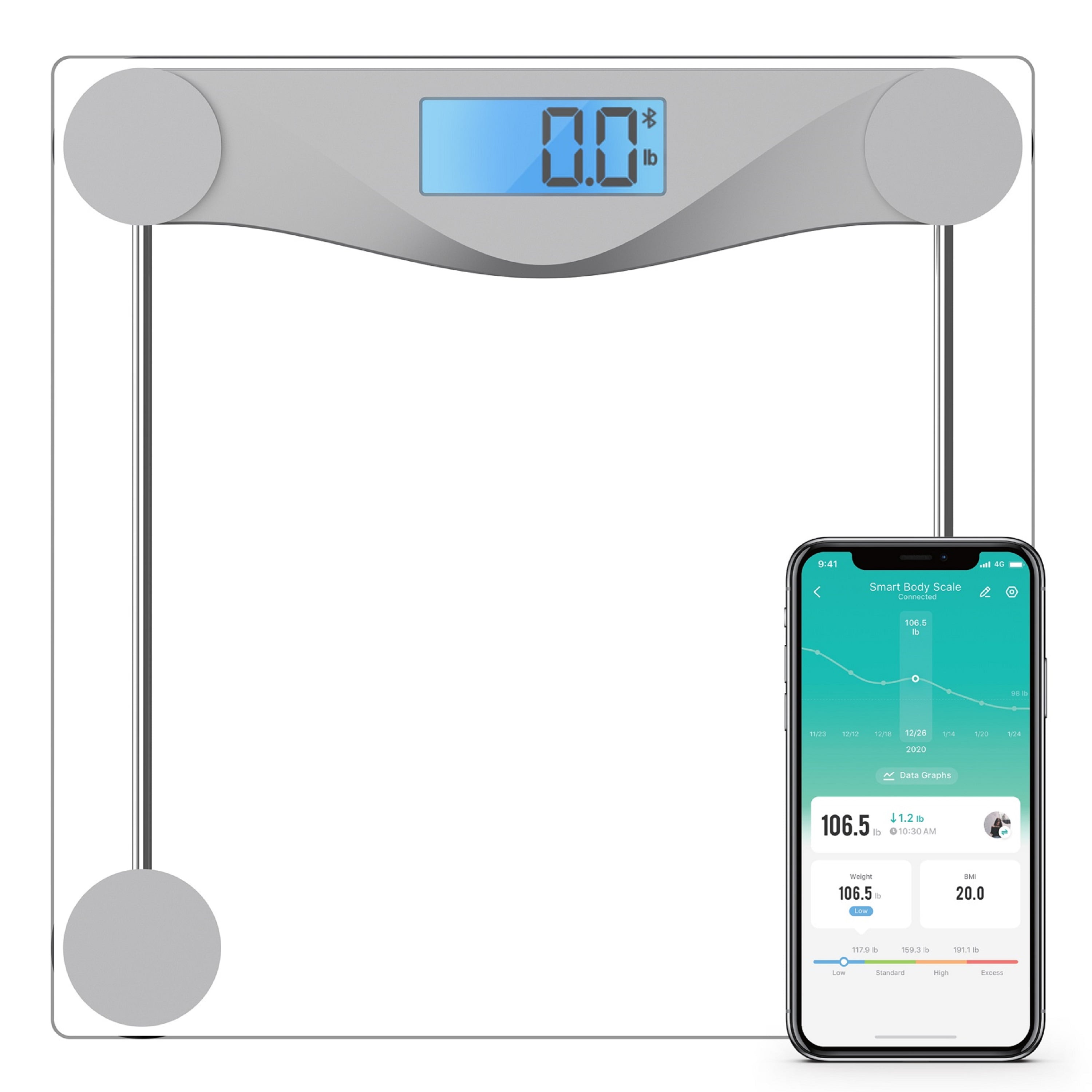 Etekcity LCD Digital Smart Body Weight Scale, Glass and Silver, 400lb