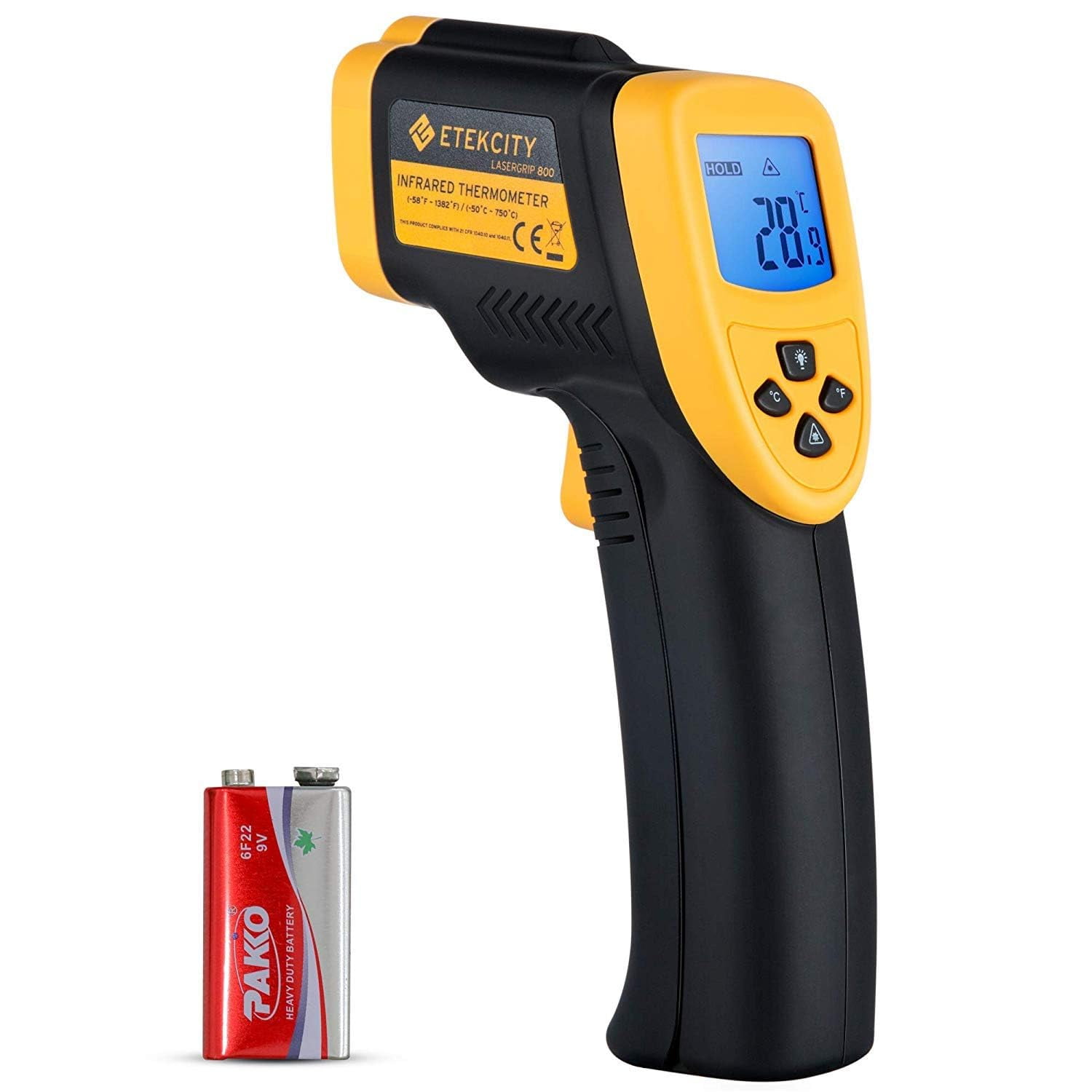 Etekcity Lasergrip 800 (Not for Human) Digital Infrared Thermometer Laser Temperature Gun Non-contact-58℉ -1382℉ (-50℃ to 750℃), Standard Size, Yellow & Bla