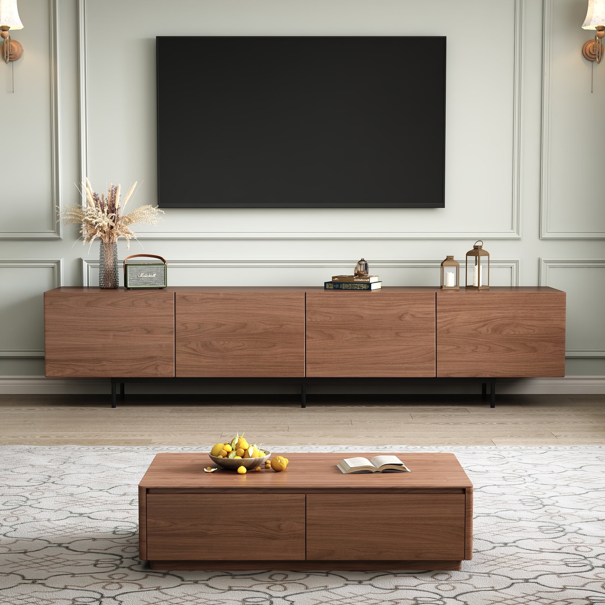 Walnut Veneer 94.49" Modern TV Stand with 4 Cabinets