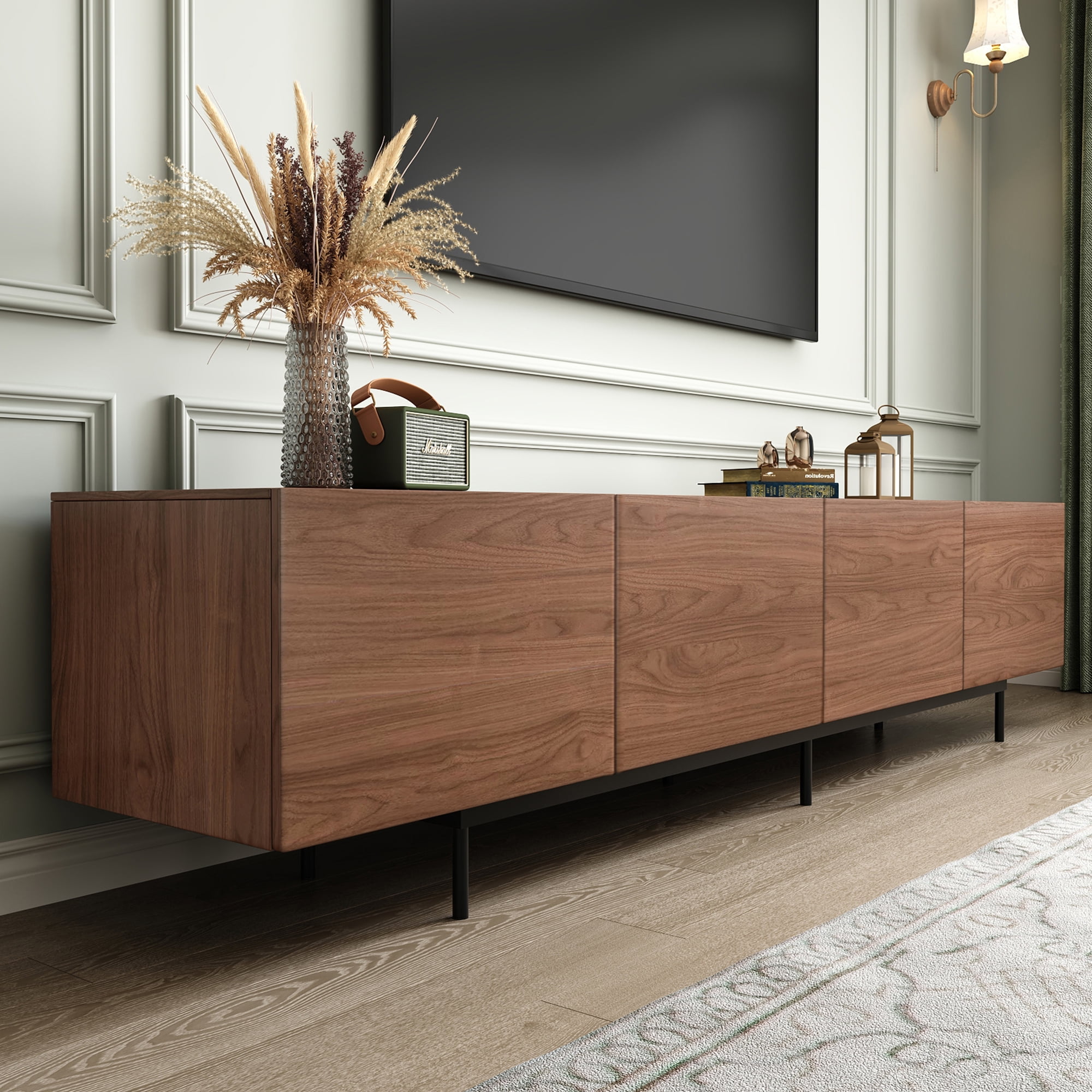 Walnut Veneer 94.49" Modern TV Stand with 4 Cabinets