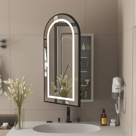 Etemnozon Arched Medicine Cabinet with Light,Recessed Lighted Led Medicine Cabinet Mirror with Storage for Bathroom,Stainless Steel Metal Framed Rectangular Bathroom Cabinet with Mirror 20x36'',Black
