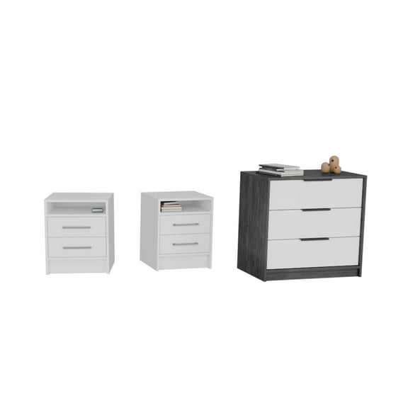 Eter 3 Piece Bedroom Set, Kaia 3 Drawer Dresser + 2 Eter Nightstands, White / Smokey Oak