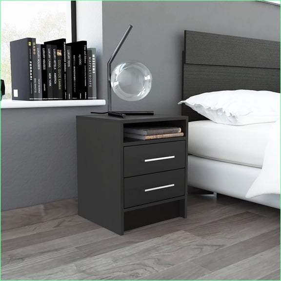Eter Modern 2-Drawer Black Nightstand | Bedroom Storage Side Table