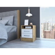 Eter Nightstand, End Table, Side Table with 2 Drawers, White / Light Oak Finish, Sturdy Wood Bedside Table for Bedroom, Living Room