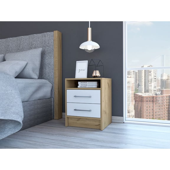 Eter Nightstand, End Table, Side Table with 2 Drawers, White / Light Oak Finish, Sturdy Wood Bedside Table for Bedroom, Living Room