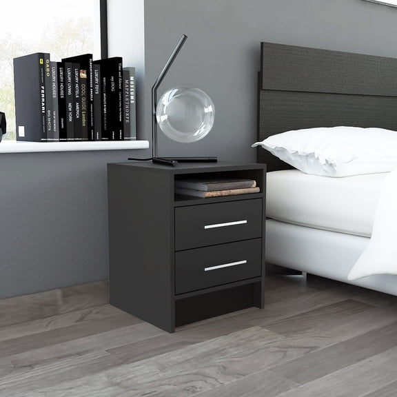 Eter Nightstand with 2 Drawers & Superior Top, Black End Table for Bedroom