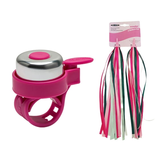 2Pcs Children Bike Grips Tassels with 1PC Bell Set Scooter Ribbons Handlebar Weave Streamers Bike Accessories (Pink Tassels and Red Bell)