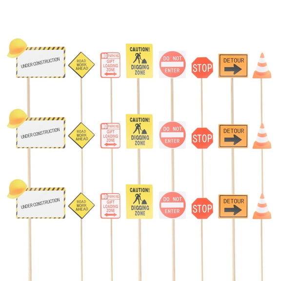 Etereauty 3 Set of 24Pcs Warning Board Cake Toppers Construction Warning Board Cake Pick Creative DIY Warning Board Cake Decor Funny Baking Cake Decor Children Birthday Cake Decoration for Kids Use