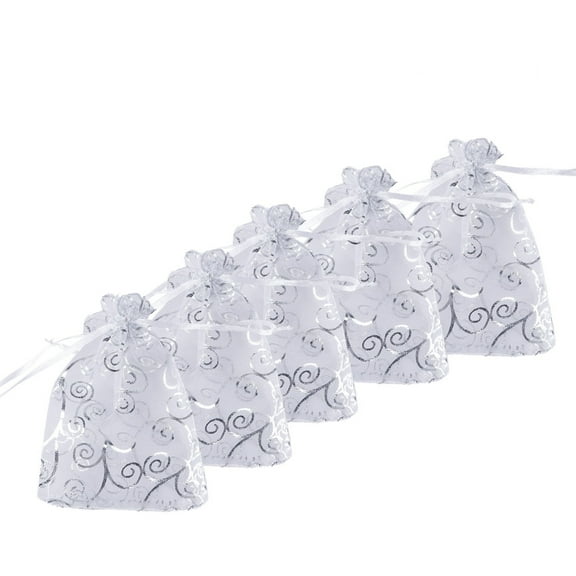 50 Pcs Small Organza Sheer Favor Gift Bags Mini Silver Rattan Pattern Jewelry Pouches Wrap Organza Drawstring Bags for Wedding Party Christmas