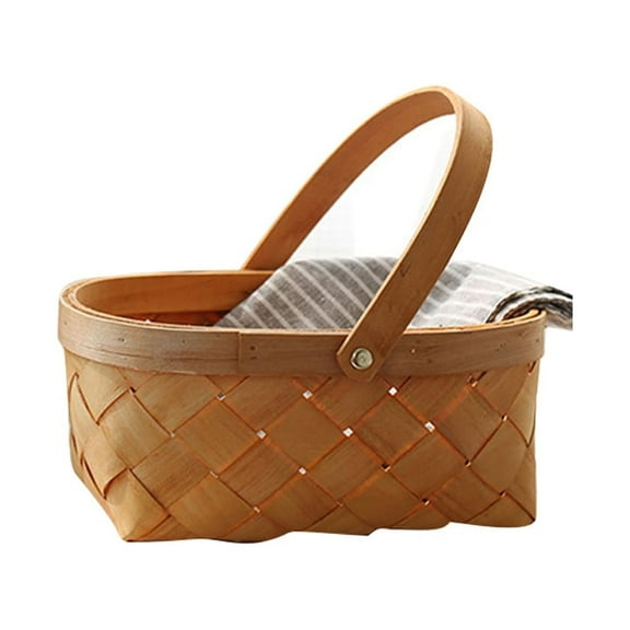 Etereauty Basket Storage Woven Wicker Baskets Handle Picnic Rattan Container Wooden Small Portable Flower Handles Houseware