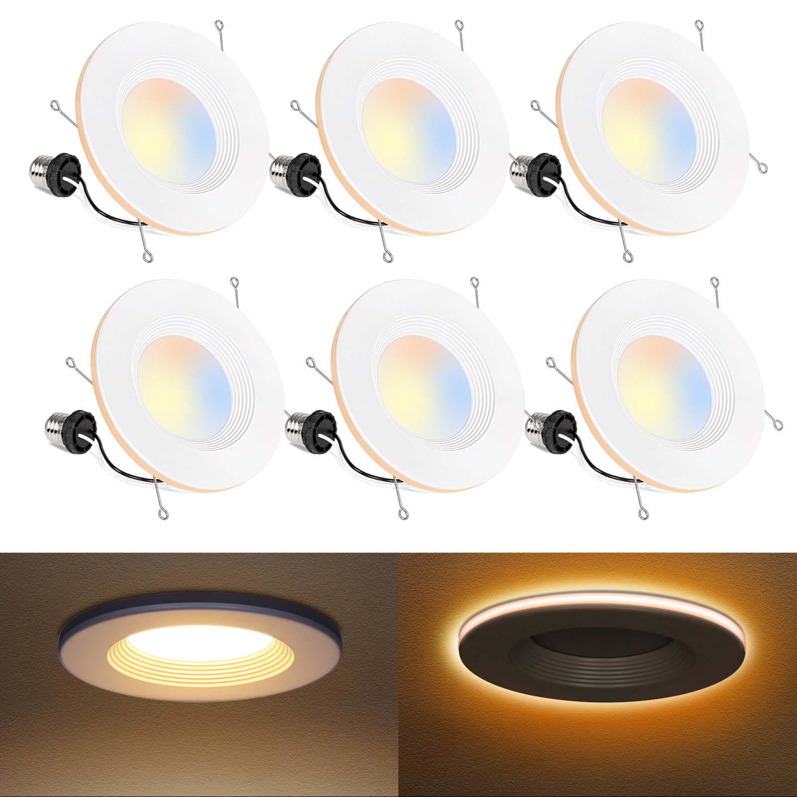 Eterlight Pack 5/6 Inch LED Recessed Lighting with Night Light,  2700K/3000K/3500K/4000K/5000K Selectable, CRI90, 1100lm, 15W=100W, Dimmable,  Damp Rated LED Can Lights