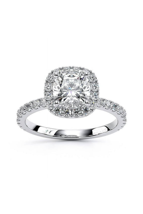 0.79 Ct Cushion Cut Halo Engagement Ring - 14K White Gold Plated - Lab-Created Diamond in Prong Setting - Perfect Wedding Ring for Women - Proposal or Anniversary Gift
