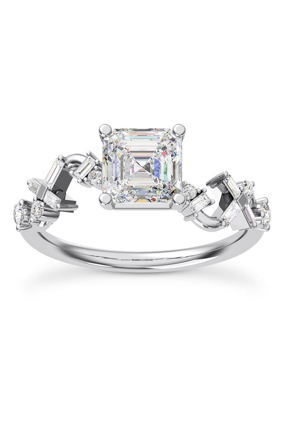 1.8 Ct Lab Created Diamond Ring - Asscher Cut Engagement Ring with Baguette Accents - 14K White Gold Plated Winding Design - Wedding Jewelry for Special Day - Ideal Gift for Wedding